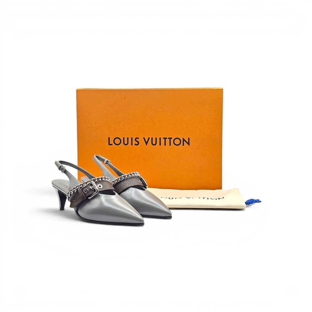 Louis Vuitton LV Vibe Gray Leather LV Monogram Slingback Pumps 1AHL07 EU 36 US 6